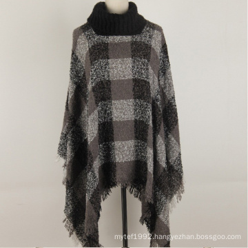 Fashion style plaid design winter alpaca high collar poncho women